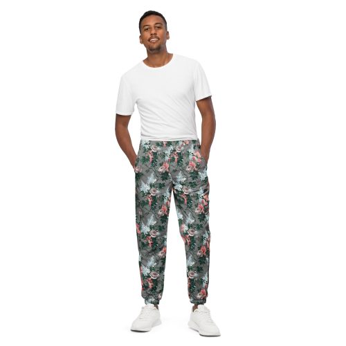 all over print unisex track pants black front 6429d8bbaaa93