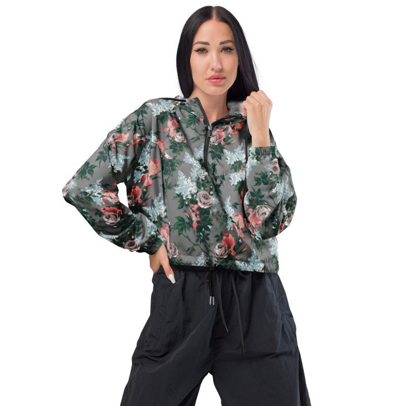 all over print womens cropped windbreaker black front 6429ce4f6b435