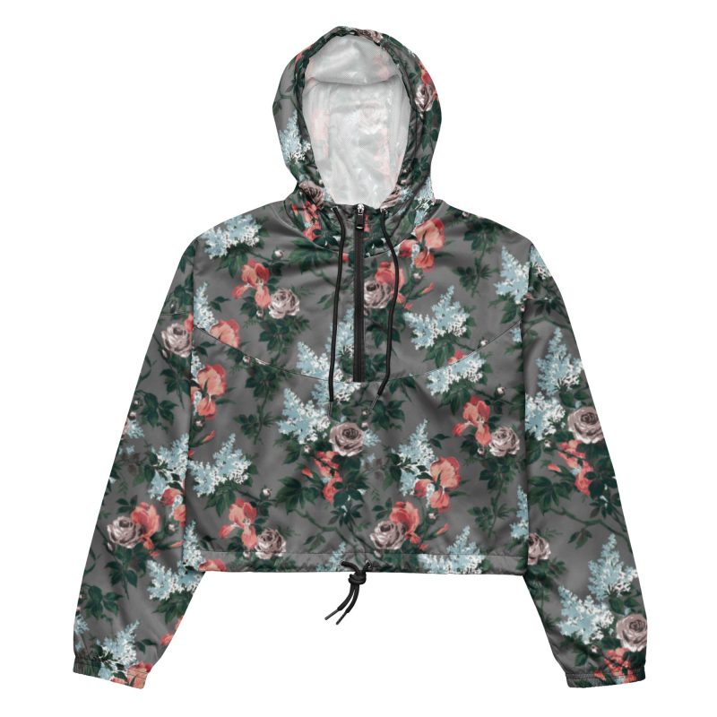 all over print womens cropped windbreaker black front 6429ce4f6dd3c